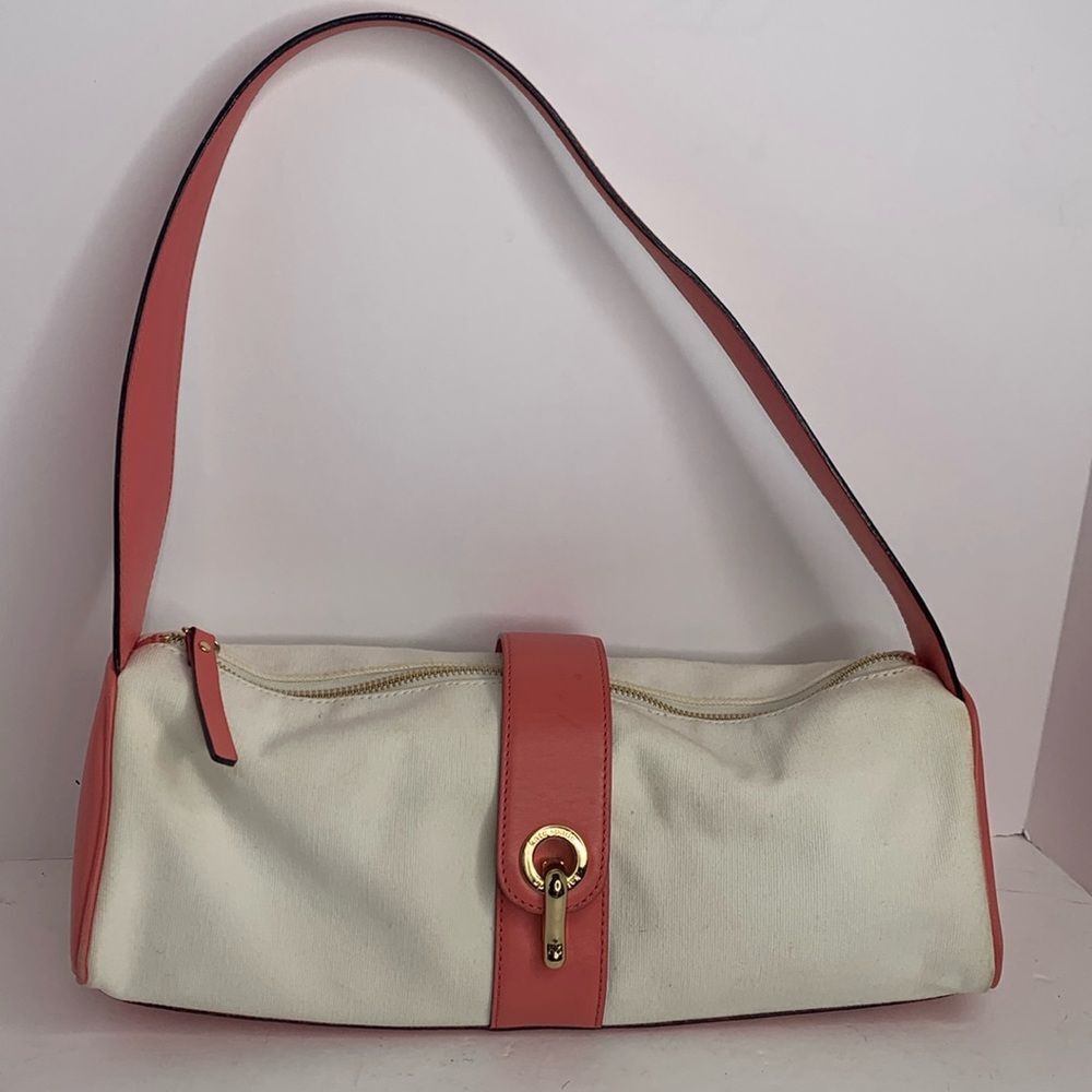 Kate Spade beige canvas peach leather barrel shoulder bag
